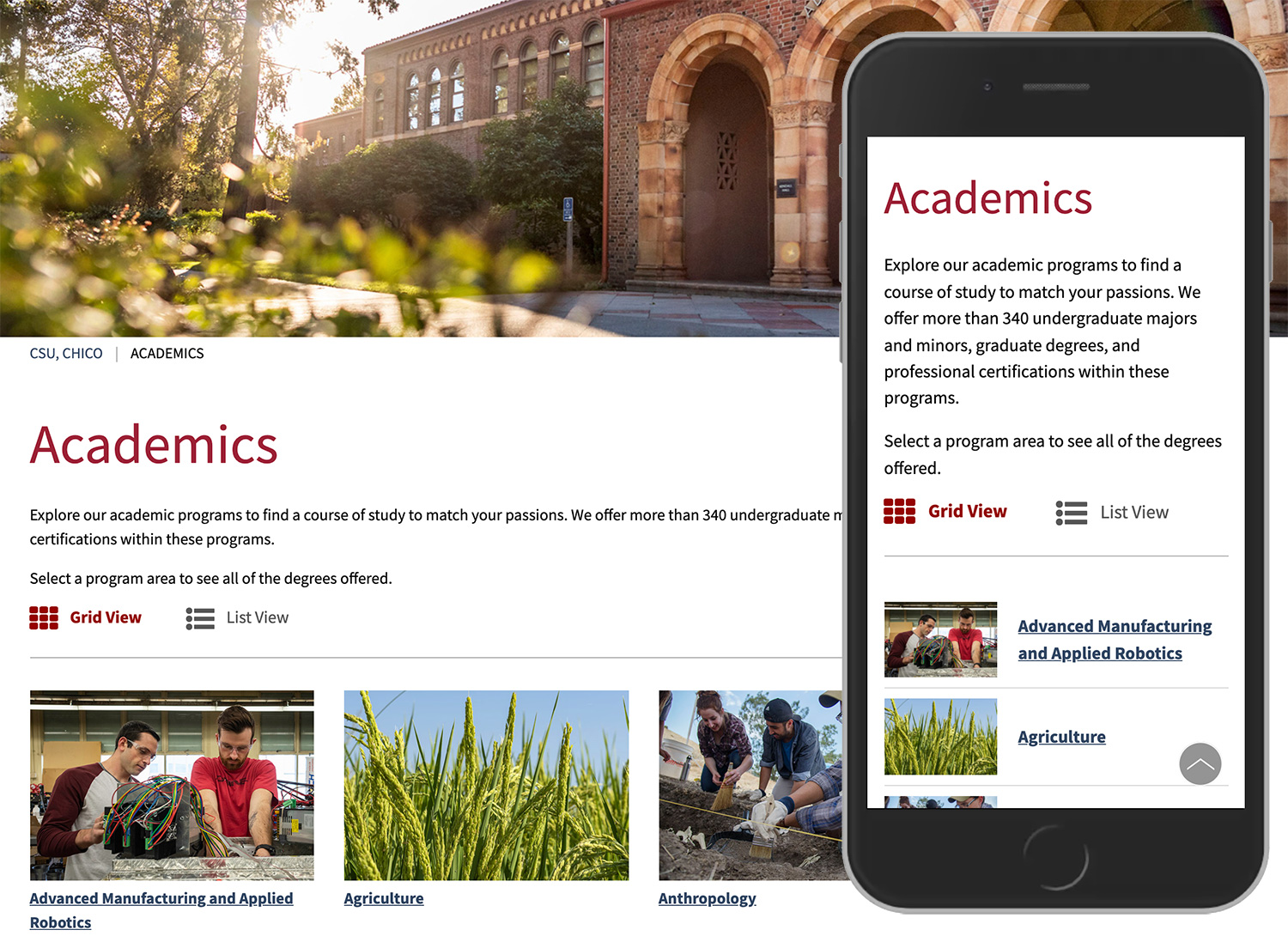 academics page on desktop and mobile