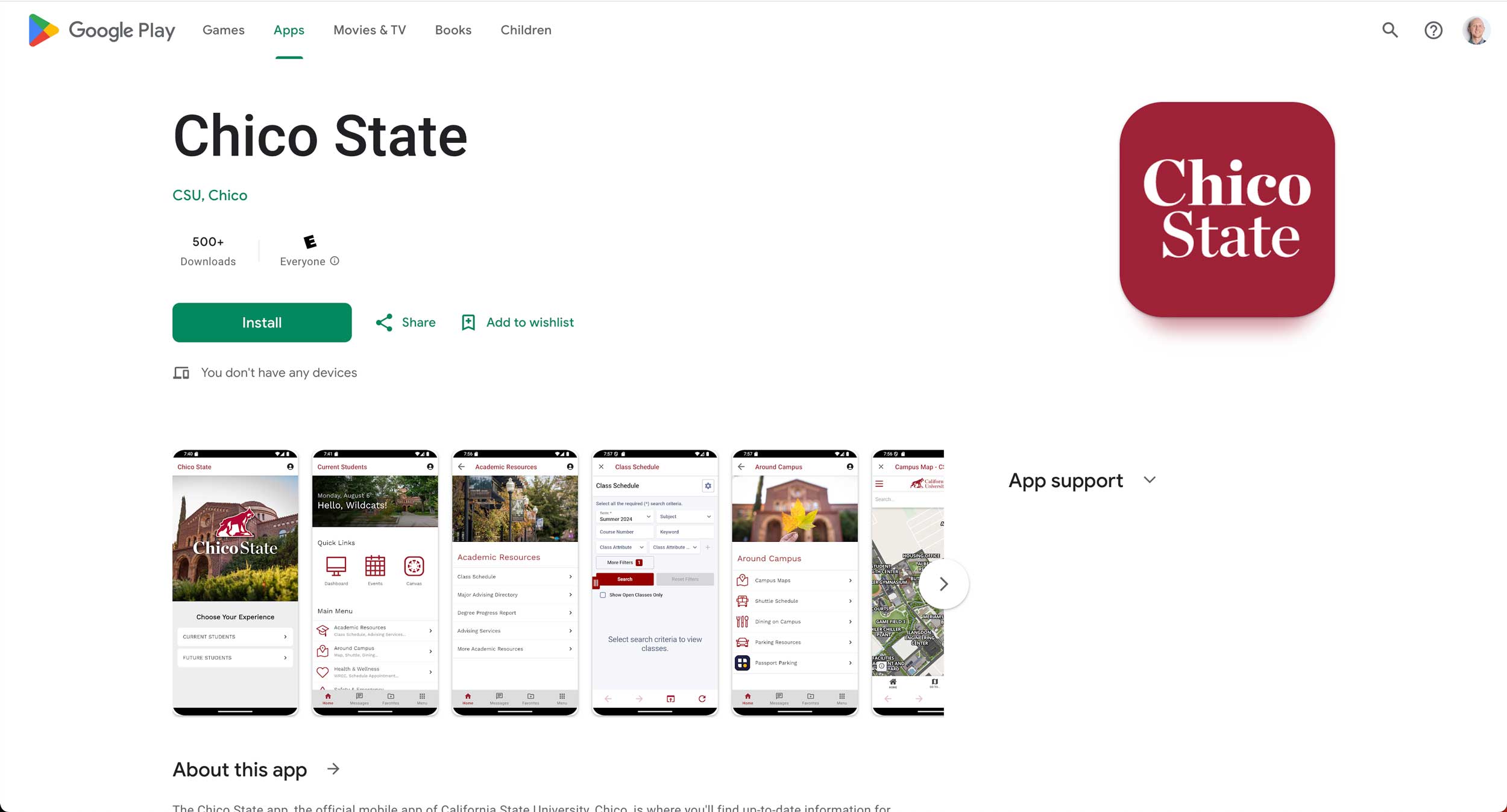 Chico State mobile app in the Google Play Store
